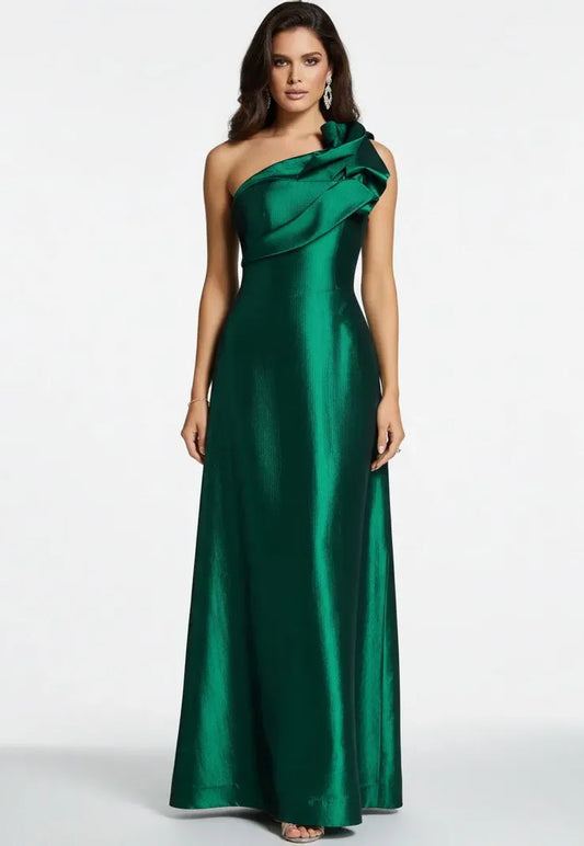 Elegant emerald green satin evening dress with one-shoulder ruffle detail, structured bodice, and A-line skirt