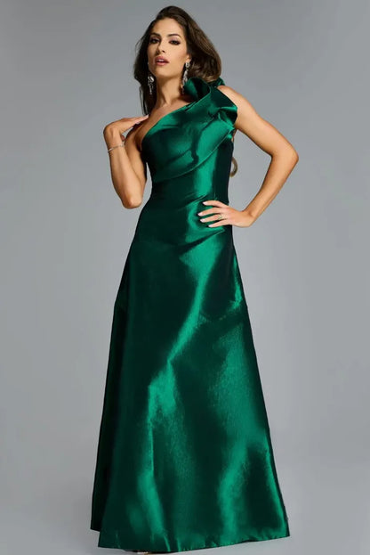 Elegant emerald green satin evening dress with one-shoulder ruffle detail, structured bodice, and A-line skirt