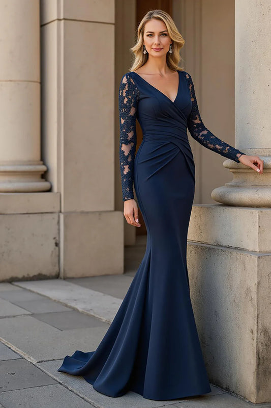 Elegant lace-sleeve mermaid V-neck backless floor-length mother of the bride dresses