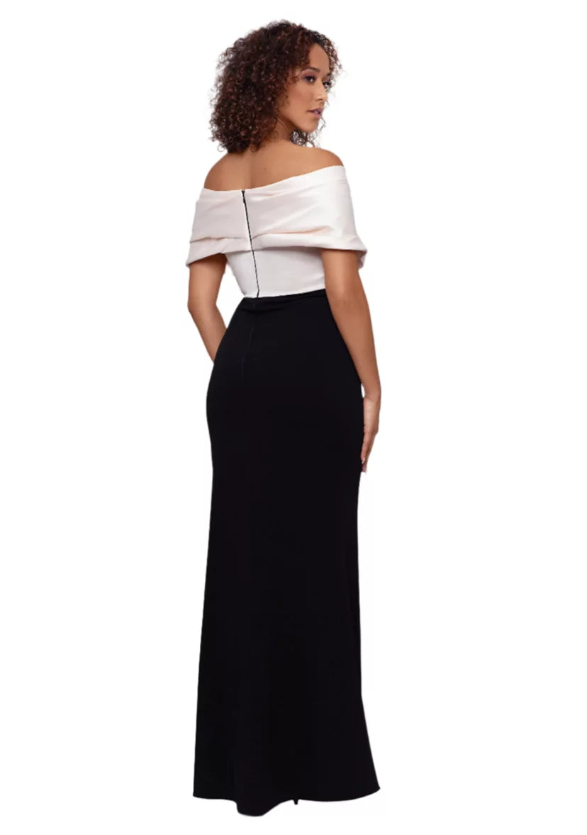 Elegant off-the-shoulder two-tone evening dress with satin bodice and crepe skirt