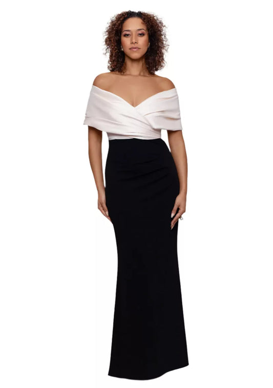 Elegant off-the-shoulder two-tone evening dress with satin bodice and crepe skirt