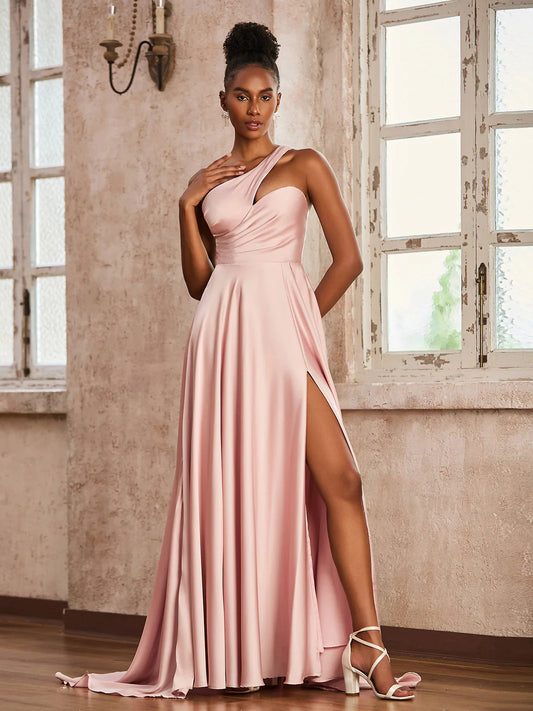 Elegant one-shoulder A-line keyhole-neck sleeveless open-back floor-length evening dress