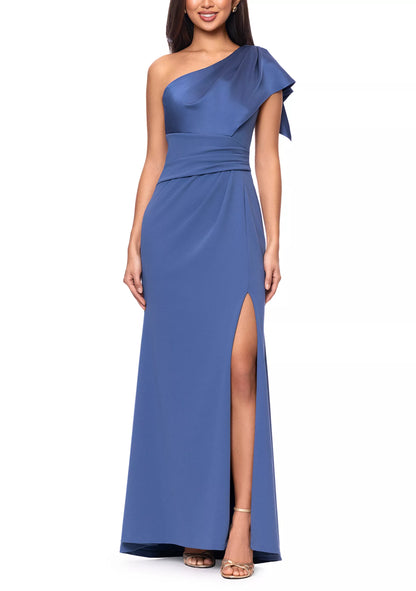 Elegant one shoulder crepe evening dress with satin ruffle detail, ruched waist and high slit