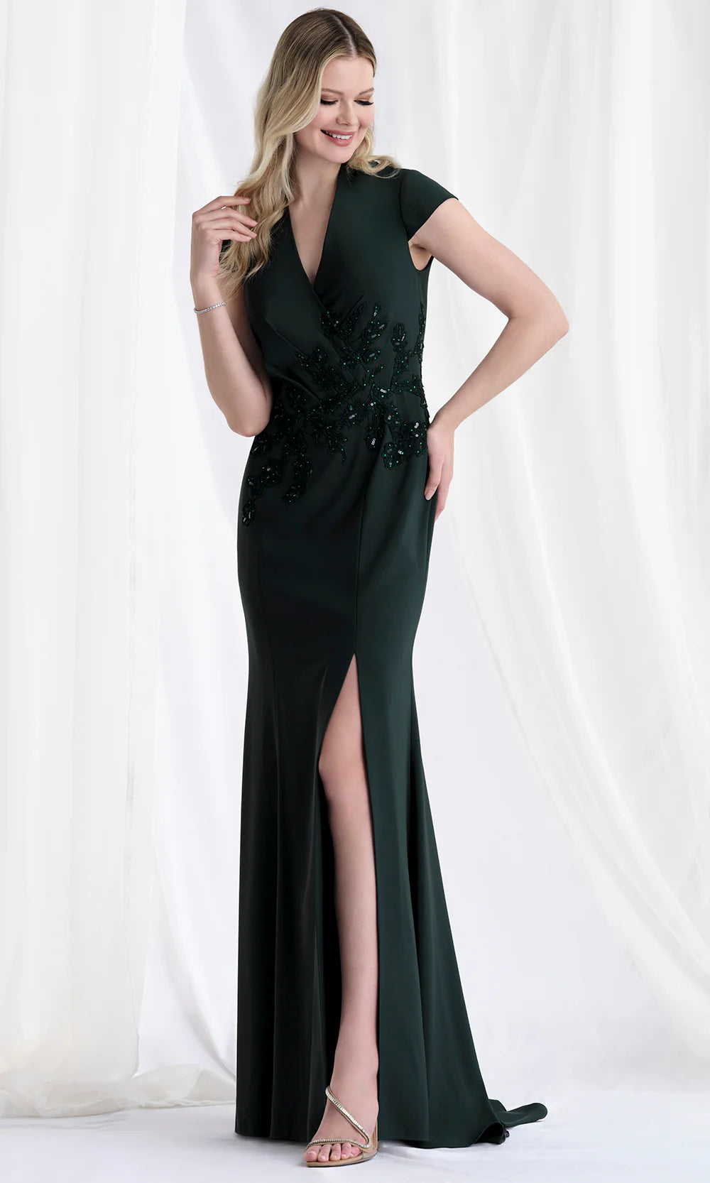 Embellished Crepe Mermaid Gown with Cap Sleeves and Front Slit for Mother of the Bride Dresses