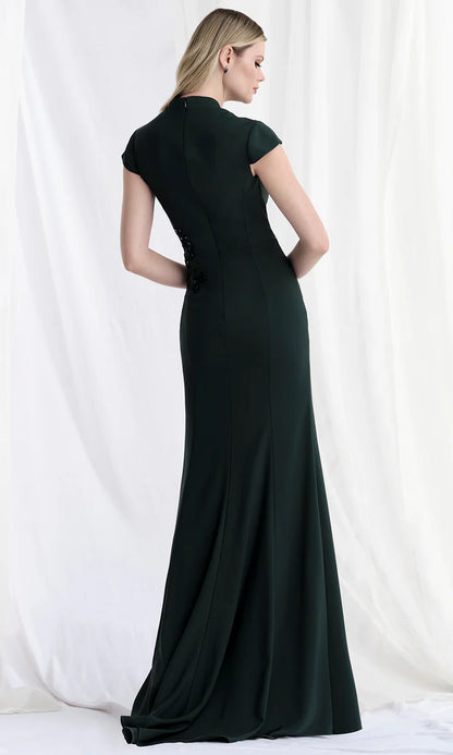 Embellished Crepe Mermaid Gown with Cap Sleeves and Front Slit for Mother of the Bride Dresses