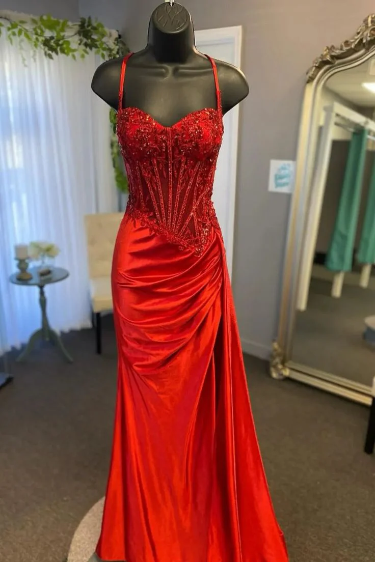 Embellished Mermaid Sweetheart Spaghetti Straps Corset Back Floor Length Prom Dresses