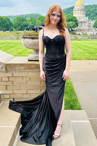 Embellished Mermaid Sweetheart Spaghetti Straps Corset Back Floor Length Prom Dresses