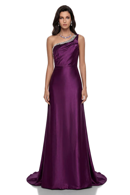Embellished Satin One-Shoulder Floor Length Evening Dress with Open Back and Beaded Trim
