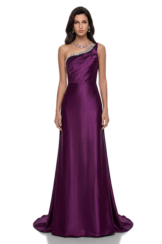 Embellished Satin One-Shoulder Floor Length Evening Dress with Open Back and Beaded Trim