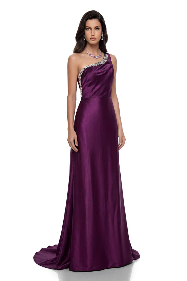 Embellished Satin One-Shoulder Floor Length Evening Dress with Open Back and Beaded Trim