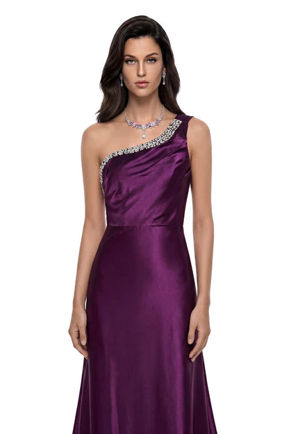 Embellished Satin One-Shoulder Floor Length Evening Dress with Open Back and Beaded Trim