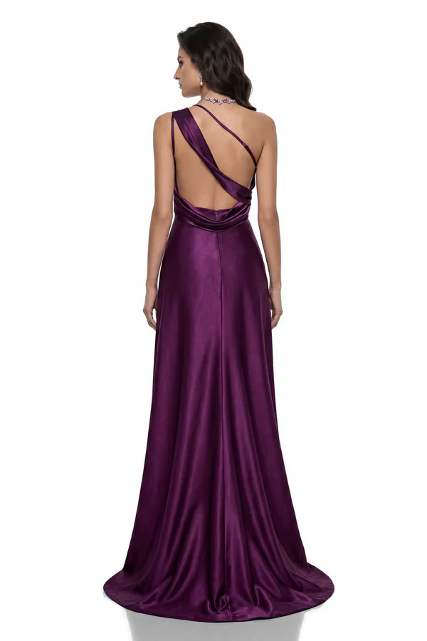 Embellished Satin One-Shoulder Floor Length Evening Dress with Open Back and Beaded Trim