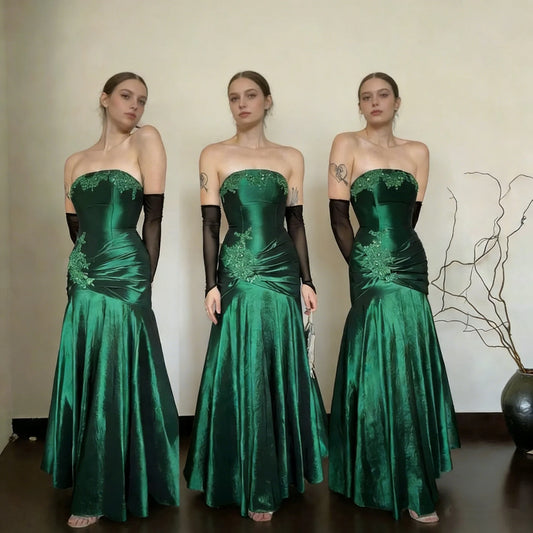 Embellished Shimmering Satin Mermaid Strapless Sweetheart Sleeveless Lace-Up Back Floor-Length Prom Dresses