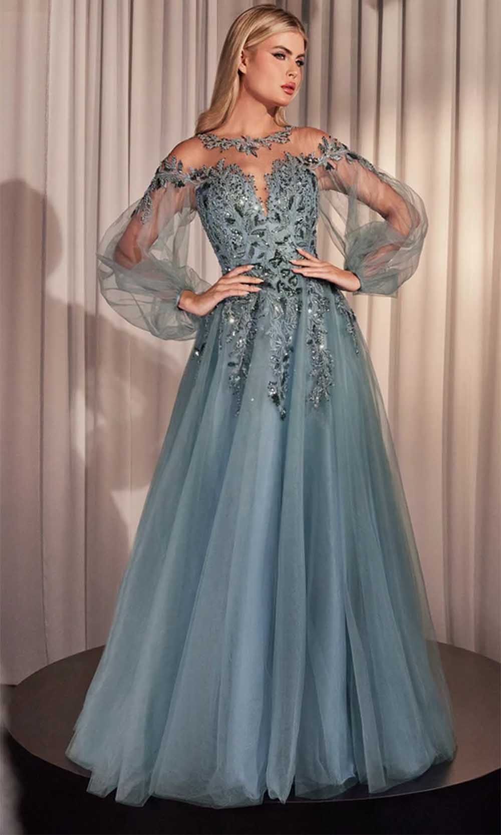 Embellished ball gown illusion-neck long-puff-sleeve floor-length Mother of the Bride Dress