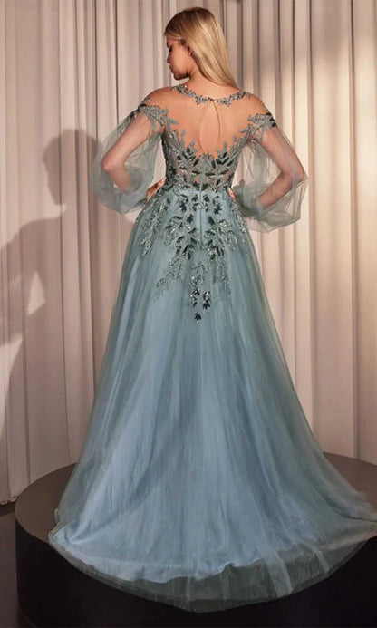 Embellished ball gown illusion-neck long-puff-sleeve floor-length Mother of the Bride Dress