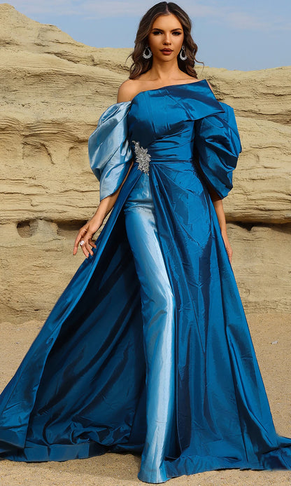 Embellished ball gown off-the-shoulder puffed-sleeve overlay-pants floor-length Mother of the Bride Dress