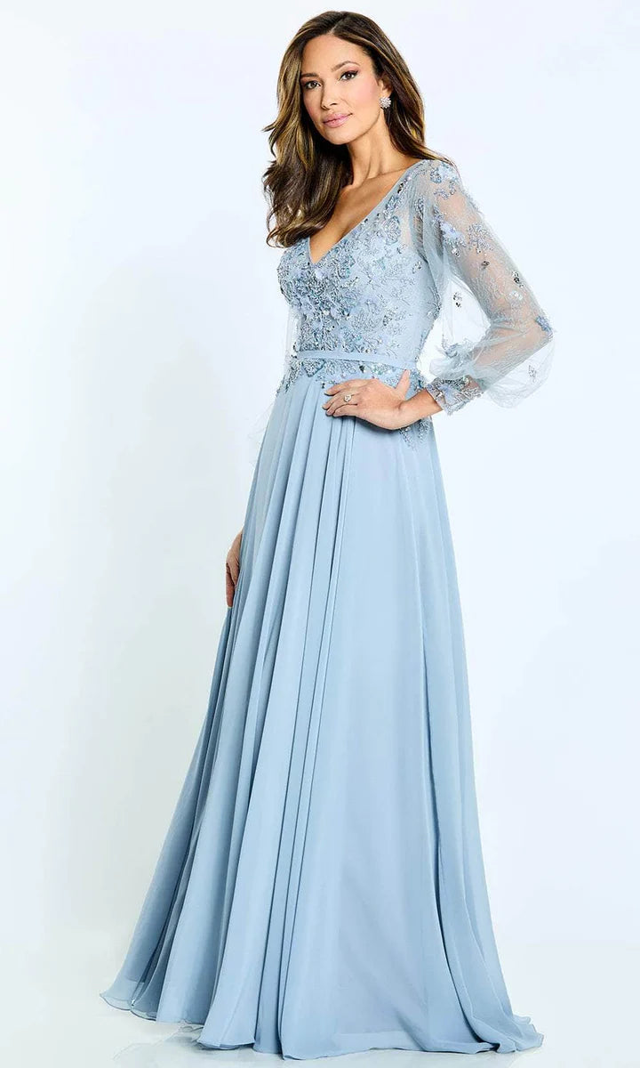 Embellished chiffon A-line V-neck illusion three-quarter-sleeve floor-length Mother of the Bride Dress