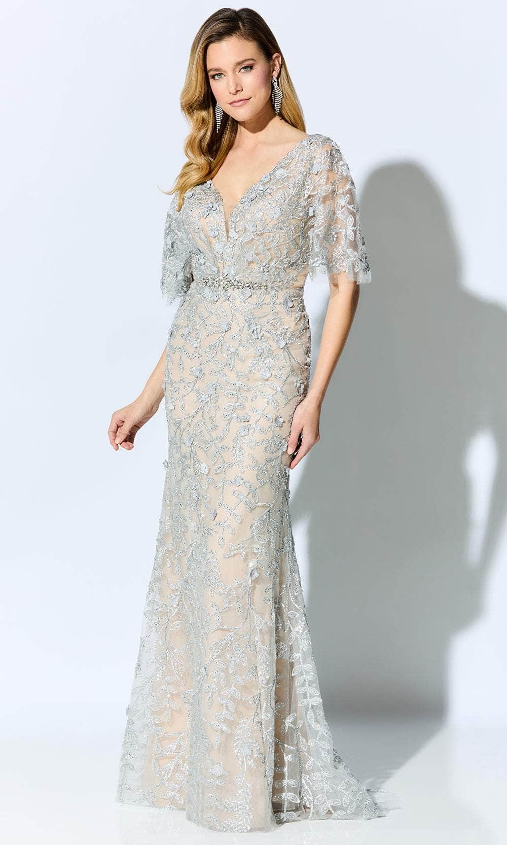 Embellished mermaid V-neck elbow-sleeve illusion-back floor-length Mother of the Bride Dress