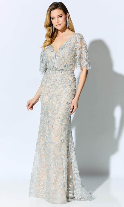 Embellished mermaid V-neck elbow-sleeve illusion-back floor-length Mother of the Bride Dress
