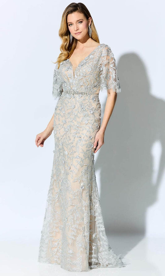 Embellished mermaid V-neck elbow-sleeve illusion-back floor-length Mother of the Bride Dress