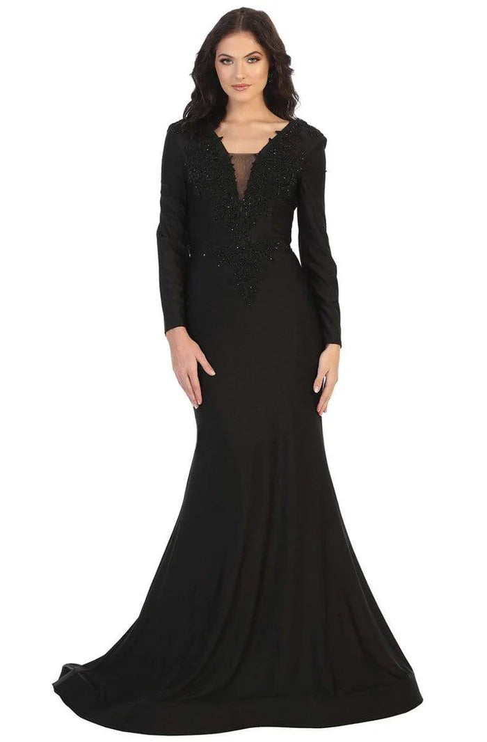 Embellished mermaid V-neck long-sleeve open-back floor-length Mother of the Bride Dress