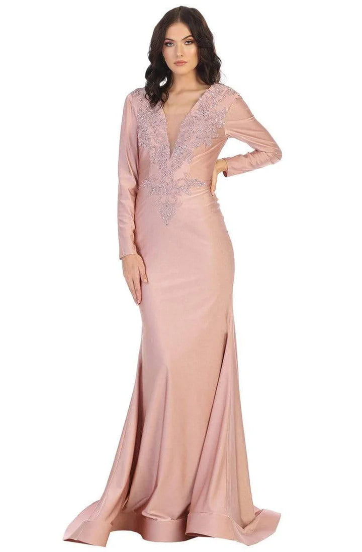 Embellished mermaid V-neck long-sleeve open-back floor-length Mother of the Bride Dress