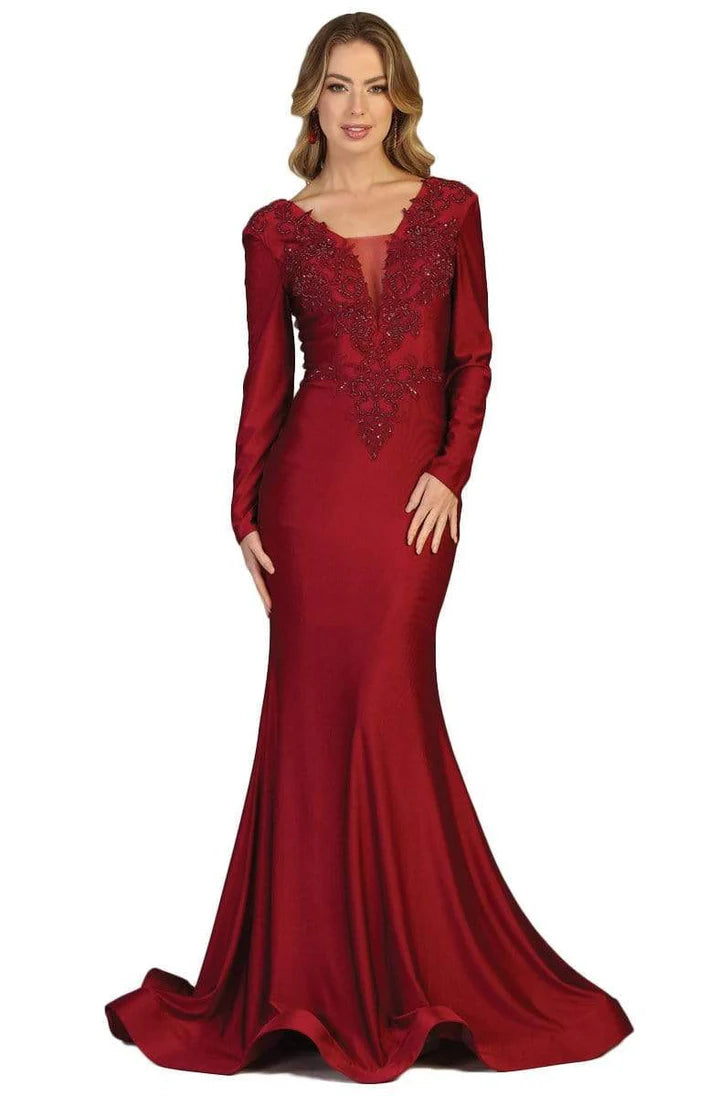 Embellished mermaid V-neck long-sleeve open-back floor-length Mother of the Bride Dress