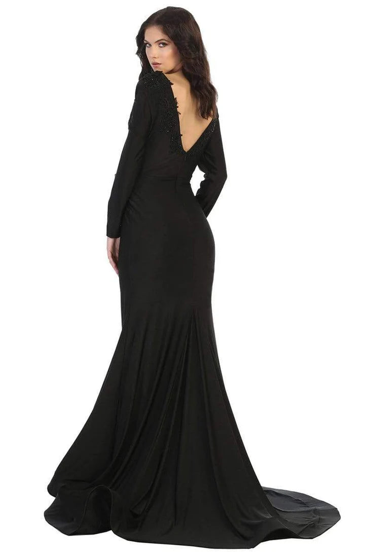 Embellished mermaid V-neck long-sleeve open-back floor-length Mother of the Bride Dress