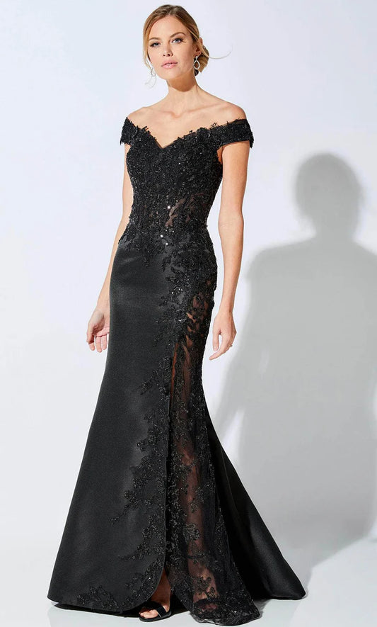Embellished mermaid off-the-shoulder cap-sleeve sheer-side floor-length Mother of the Bride Dress