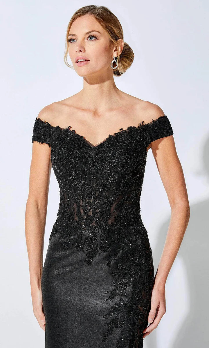 Embellished mermaid off-the-shoulder cap-sleeve sheer-side floor-length Mother of the Bride Dress