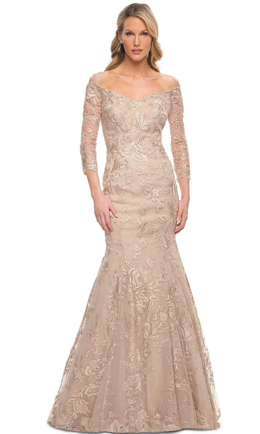 Embellished mermaid off-the-shoulder three-quarter-sleeve floor-length Mother of the Bride Dress