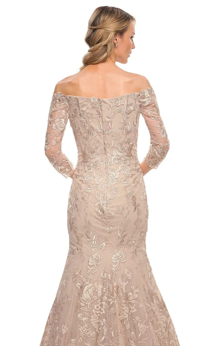 Embellished mermaid off-the-shoulder three-quarter-sleeve floor-length Mother of the Bride Dress