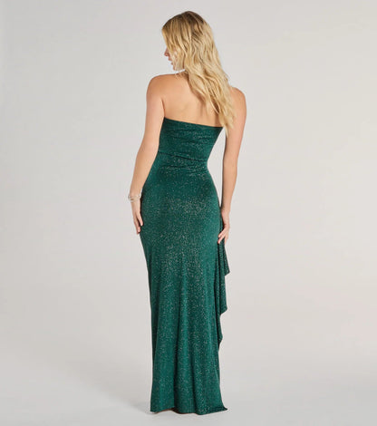 Glamorous Glitter Sheath Strapless Ruched High Slit Emerald Floor-Length Evening Dress