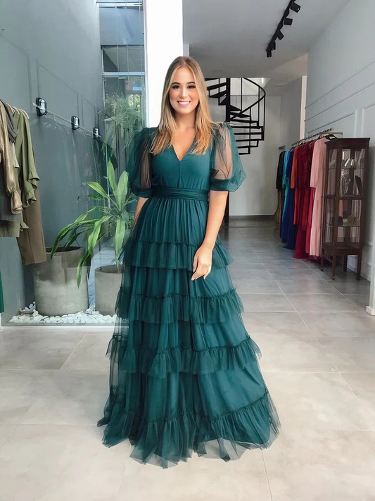 Emerald Green A-Line V-Neck Puff Sleeve Tiered Ruffle Back Tie Floor Length Prom Dresses