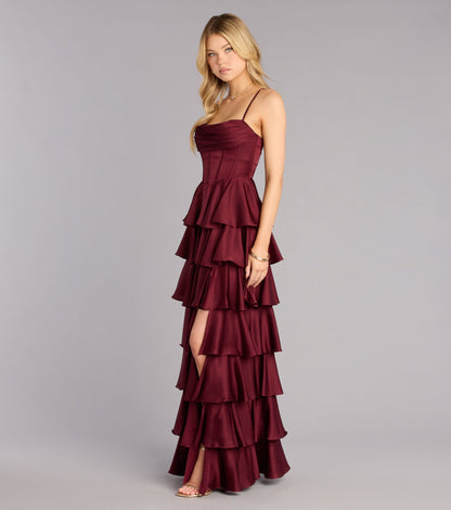 Elegant Emerald Satin A-Line Cowl Neck Corset Tiered Floor Length Gown