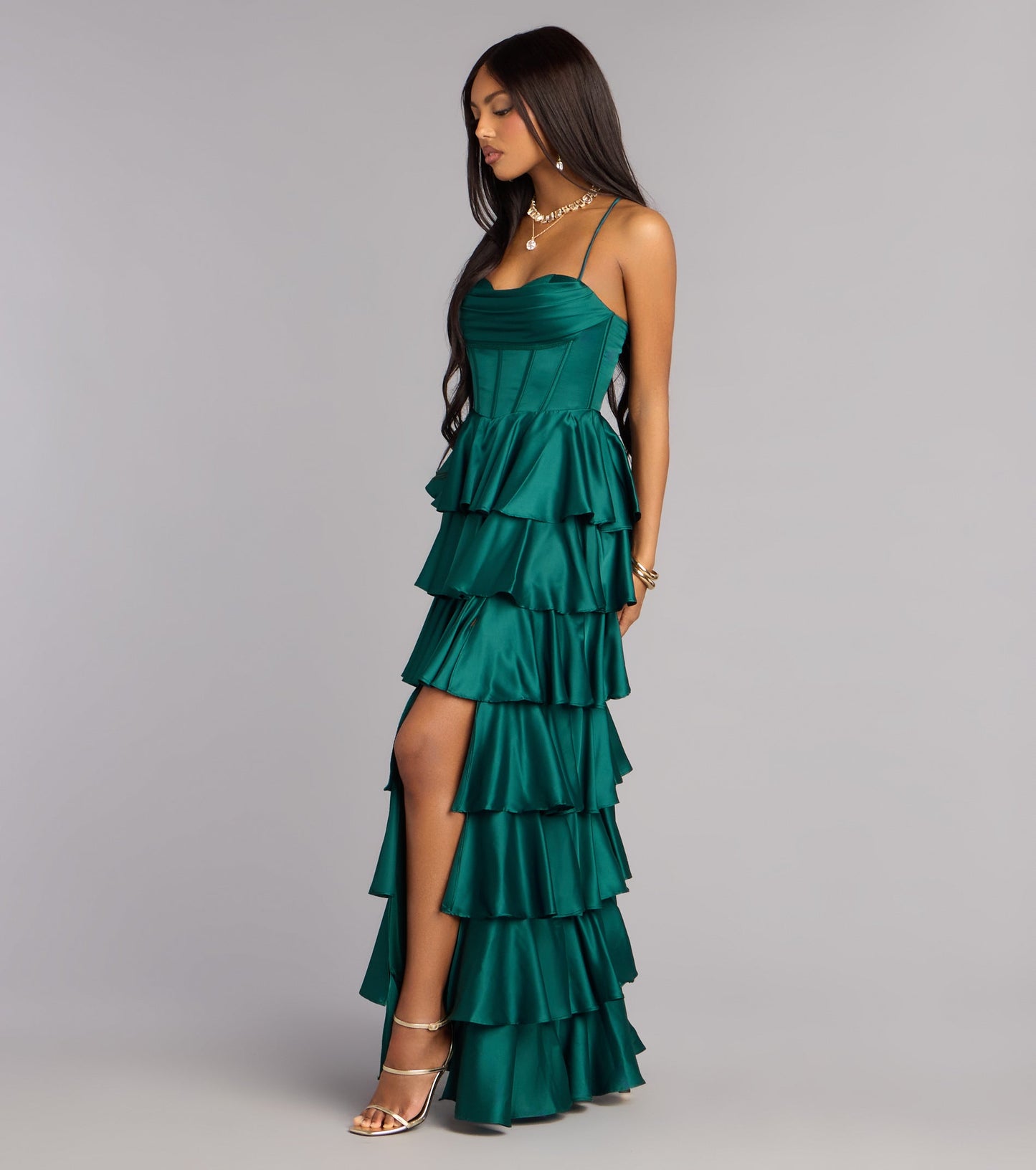 Elegant Emerald Satin A-Line Cowl Neck Corset Tiered Floor Length Gown