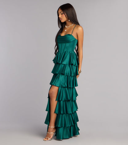 Elegant Emerald Satin A-Line Cowl Neck Corset Tiered Floor Length Gown