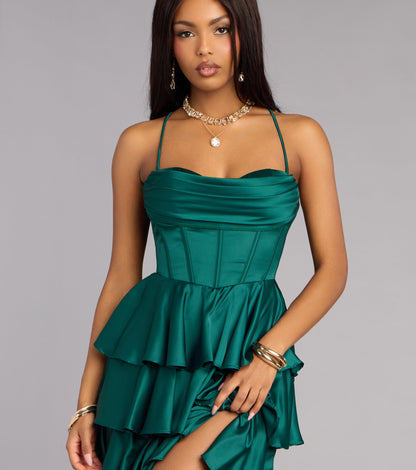 Elegant Emerald Satin A-Line Cowl Neck Corset Tiered Floor Length Gown