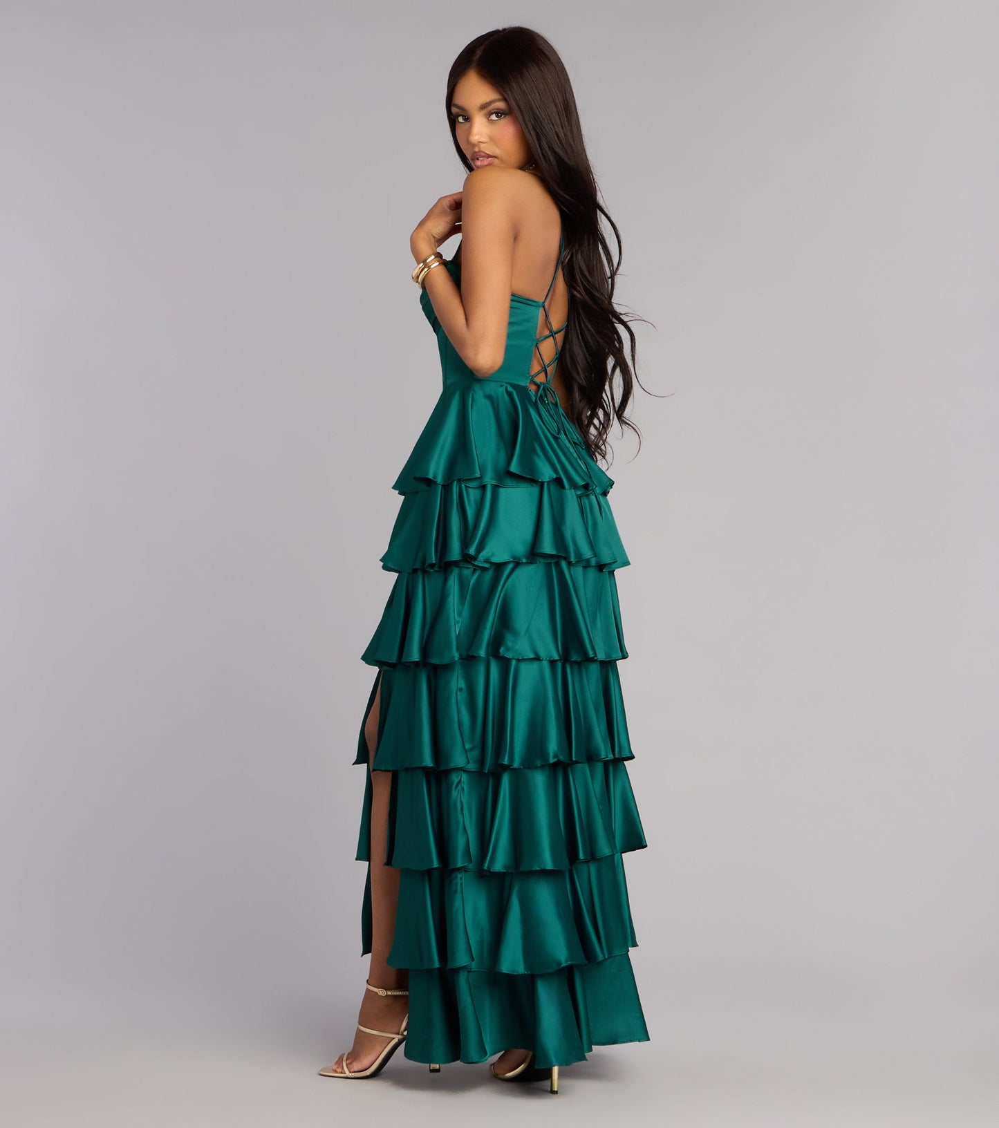 Elegant Emerald Satin A-Line Cowl Neck Corset Tiered Floor Length Gown