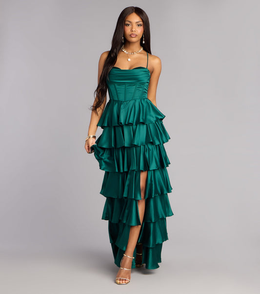 Satin A-Line Cowl Neck Corset Spaghetti Strap Tiered Open Back High Slit Floor Length Evening Dress