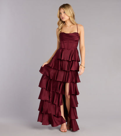 Elegant Emerald Satin A-Line Cowl Neck Corset Tiered Floor Length Gown