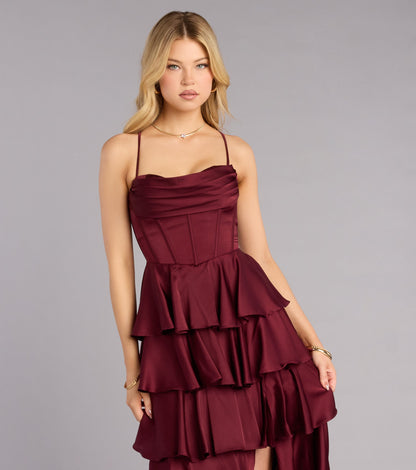 Elegant Emerald Satin A-Line Cowl Neck Corset Tiered Floor Length Gown