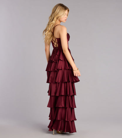 Elegant Emerald Satin A-Line Cowl Neck Corset Tiered Floor Length Gown