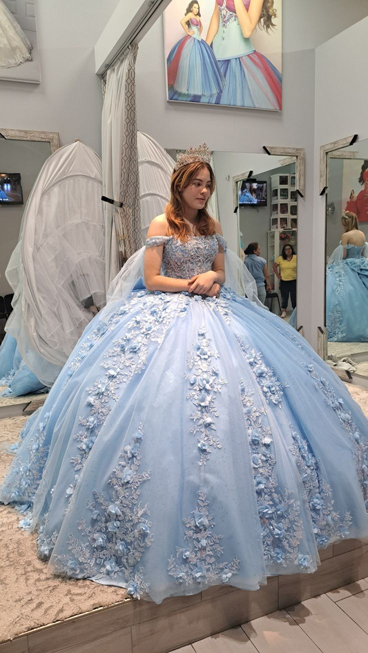 Enchanted Ball Gown Prom Dress Off The Shoulder Floral Appliqué Corset Back Oversized Bow Floor Length