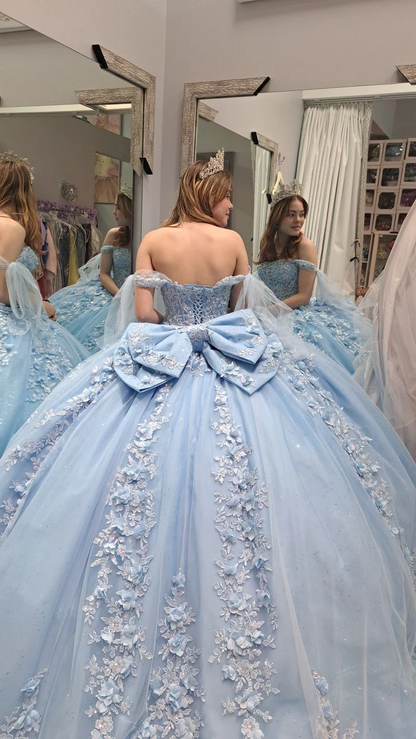 Enchanted Ball Gown Prom Dress Off The Shoulder Floral Appliqué Corset Back Oversized Bow Floor Length