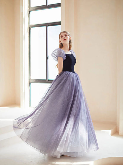Enchanting A-Line Square Neck Puff Sleeve Bow Back Floor Length Tulle Prom Dress