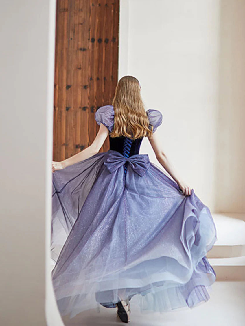 Enchanting A-Line Square Neck Puff Sleeve Bow Back Floor Length Tulle Prom Dress