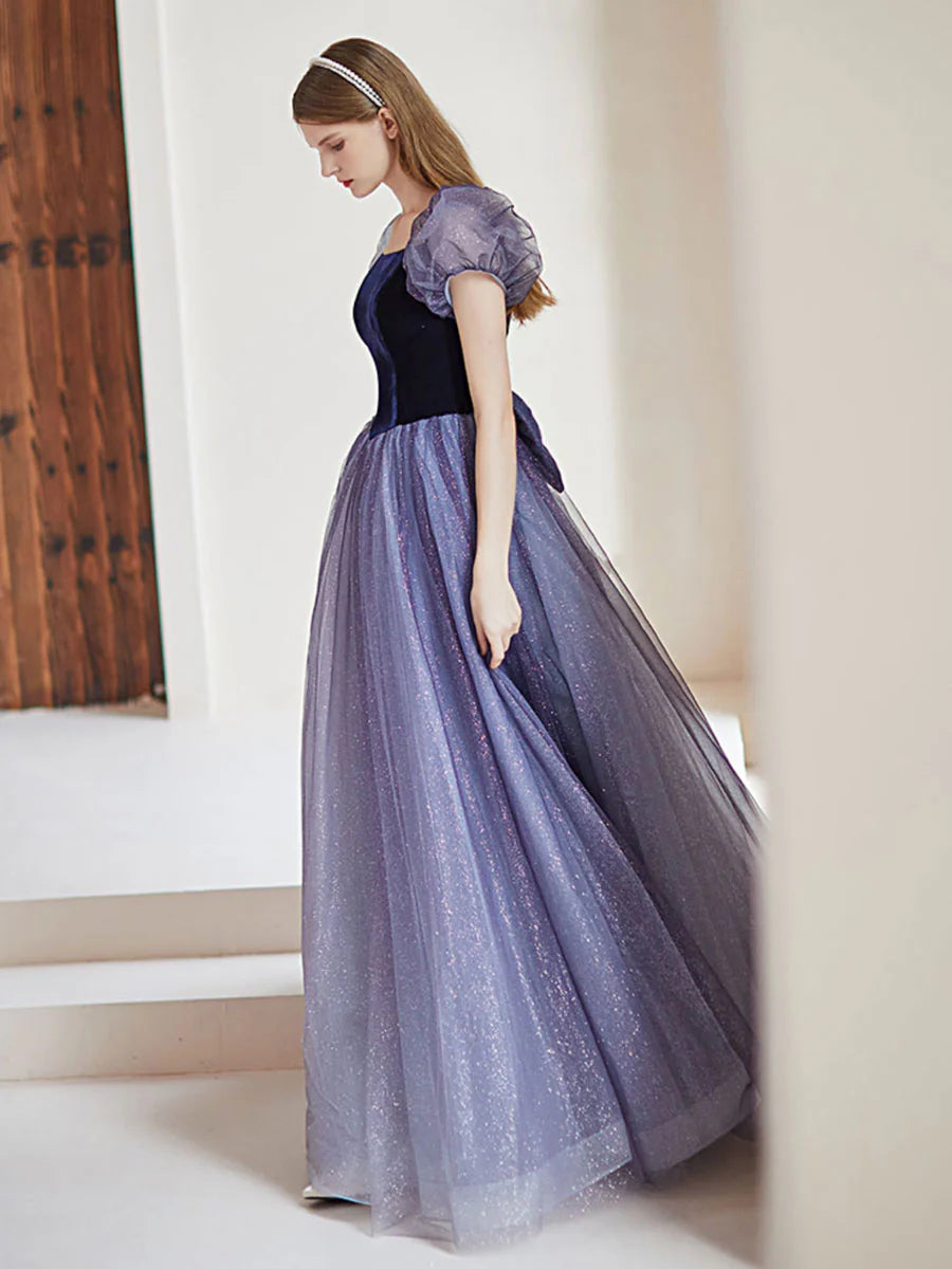 Enchanting A-Line Square Neck Puff Sleeve Bow Back Floor Length Tulle Prom Dress