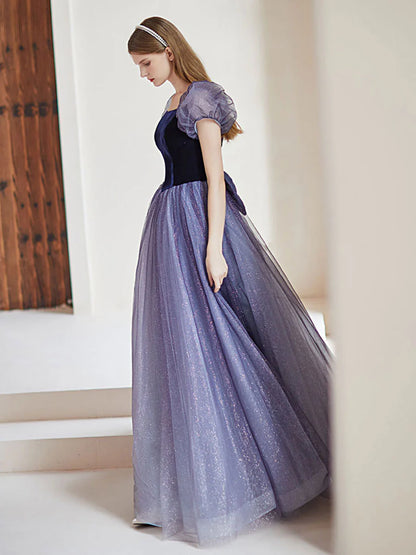 Enchanting A-Line Square Neck Puff Sleeve Bow Back Floor Length Tulle Prom Dress