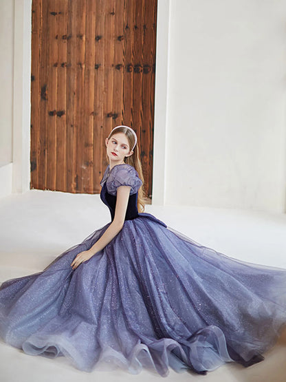 Enchanting A-Line Square Neck Puff Sleeve Bow Back Floor Length Tulle Prom Dress